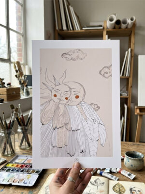 Illustration poétique du soleil et de la lune s'enlaçant, visages sereins avec joues orangées, nuages en pointillisme, style onirique, format A4.