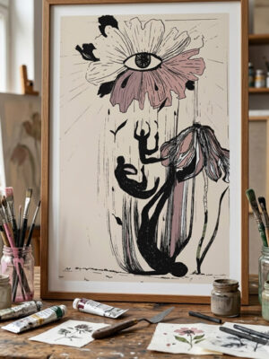 Illustration d'un œil central dans une fleur surplombant des silhouettes humaines en chute libre, tons beige et vieux rose, style surréaliste, format A4.