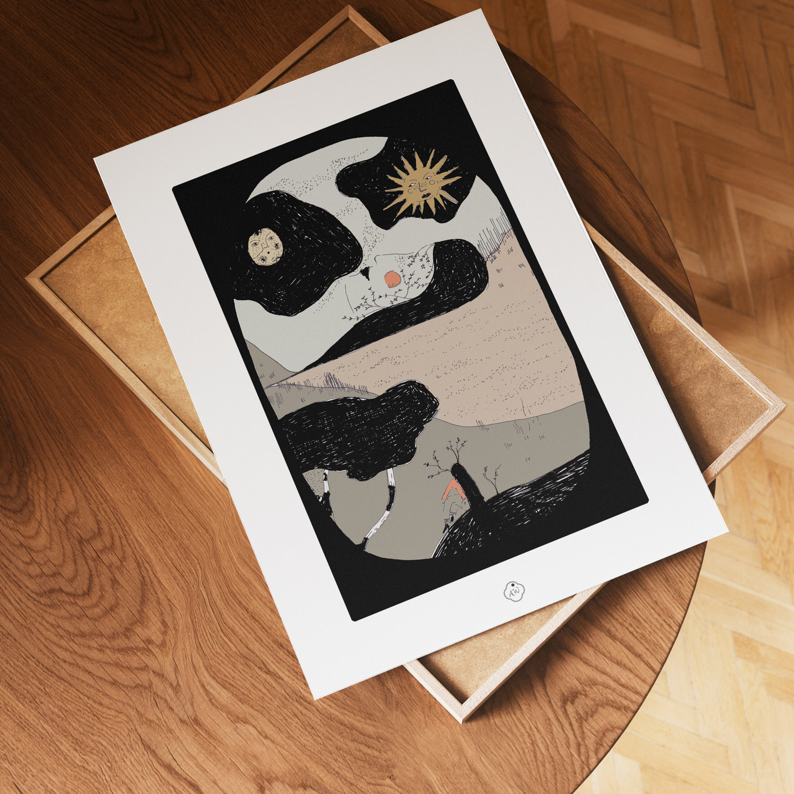 serenity tirage d'art ambre watteau astre soleil lune paysage