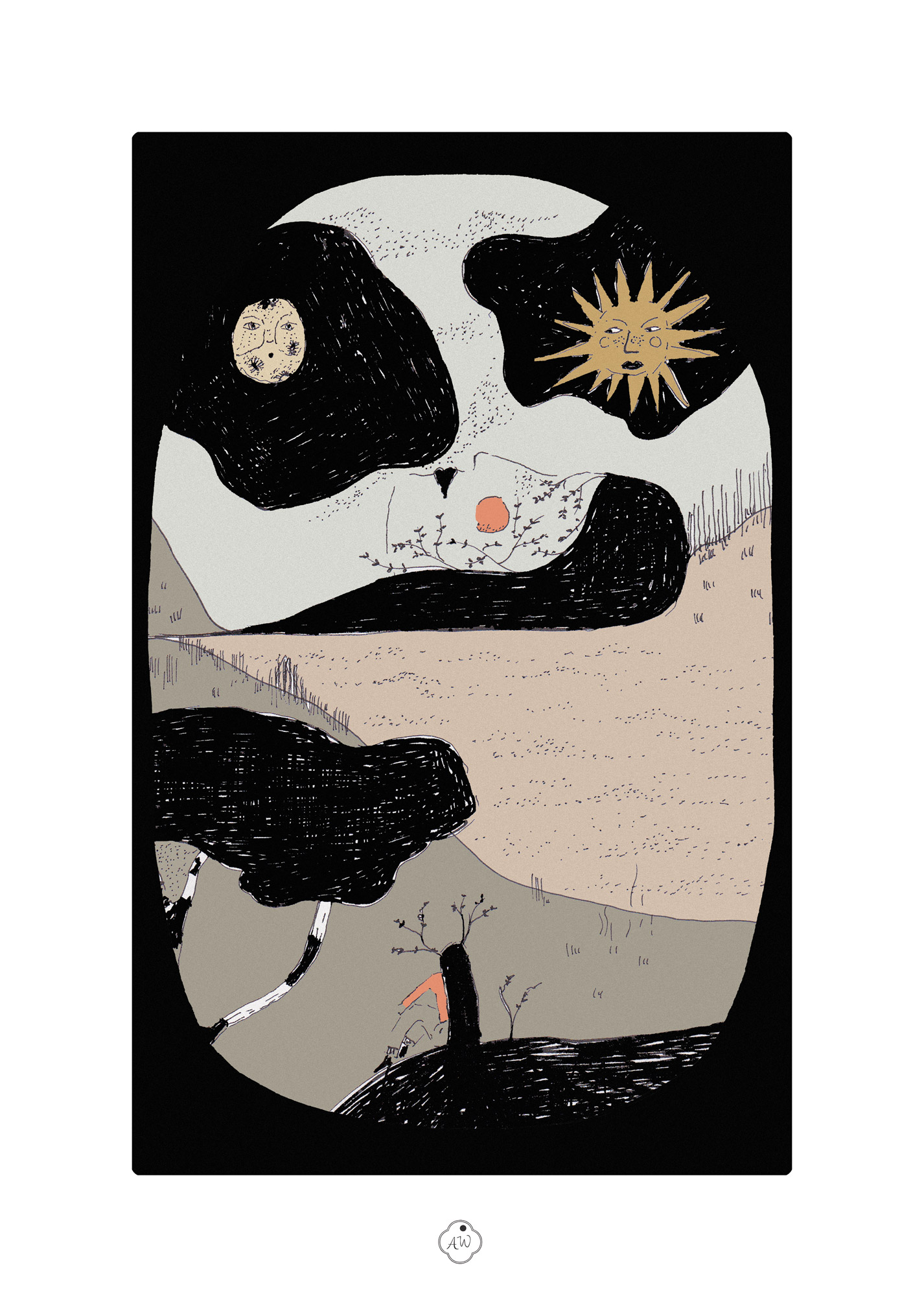 serenity tirage d'art ambre watteau astre soleil lune paysage