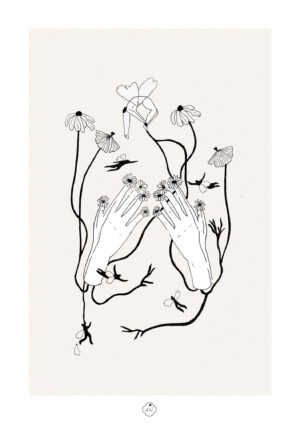 Dessin à l'encre noire représentant deux mains ouvertes vers le haut d'où poussent des fleurs. Des petites silhouettes ailées gravitent autour des tiges florales dans une composition épurée.