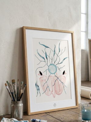 Illustration symétrique montrant deux corps reliés par des racines et des flux d'énergie émanant d'une sphère lumineuse centrale bleutée.