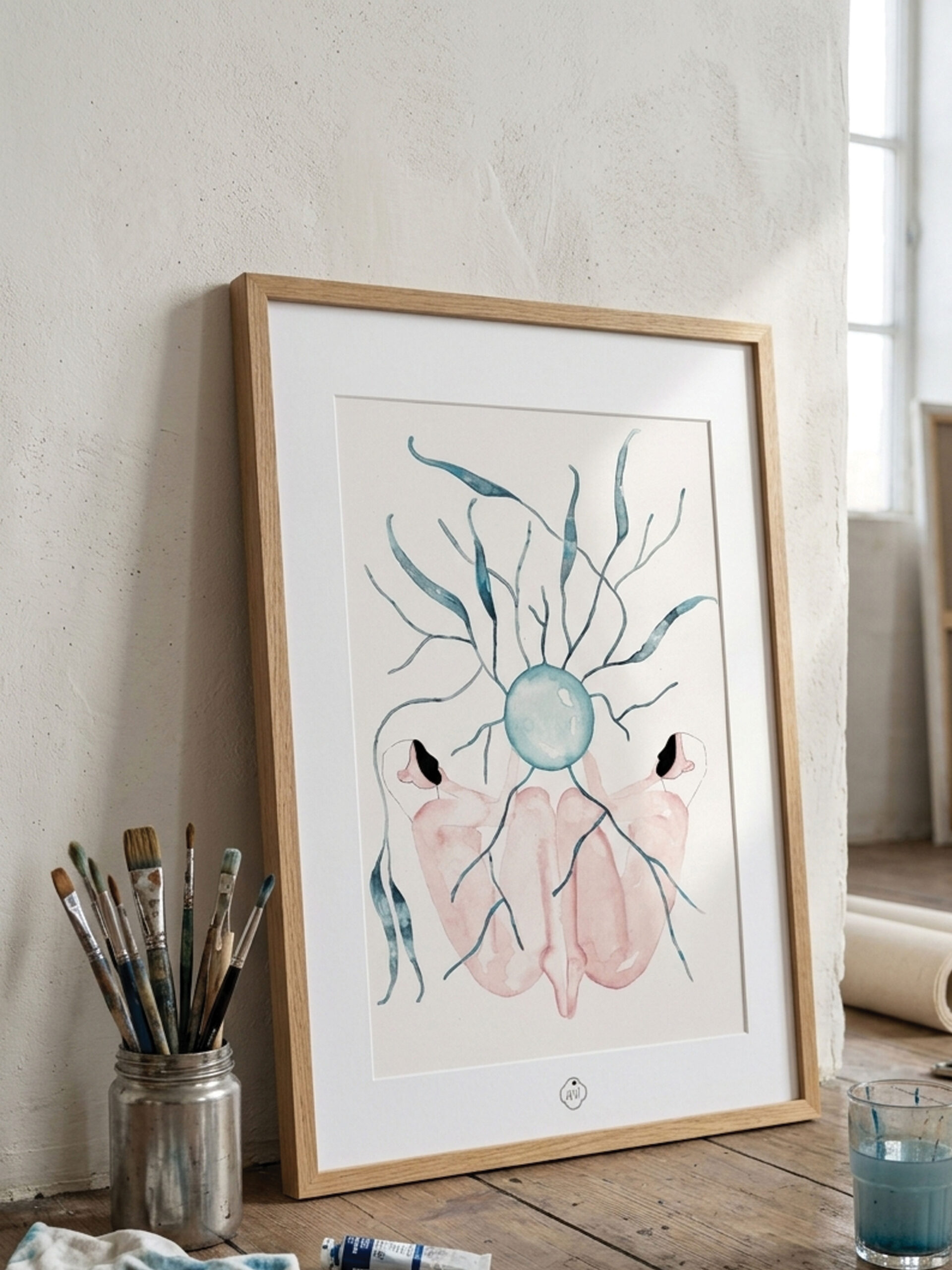 Illustration symétrique montrant deux corps reliés par des racines et des flux d'énergie émanant d'une sphère lumineuse centrale bleutée.