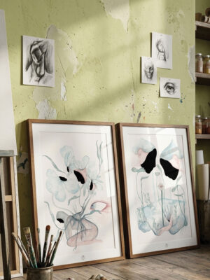 Aquarelle de deux visages de profil au masque noir, laissant couler un flux vital vers une figure naissante, symbolisant la source de la vie.