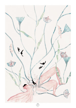 Illustration à l'aquarelle représentant une figure hybride entre l'humain et l'oiseau, entourée de petits personnages-papillons en plein envol dans une atmosphère éthérée.