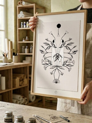 Âmes Jumelles Illustration originale à l'encre noire ambre watteau