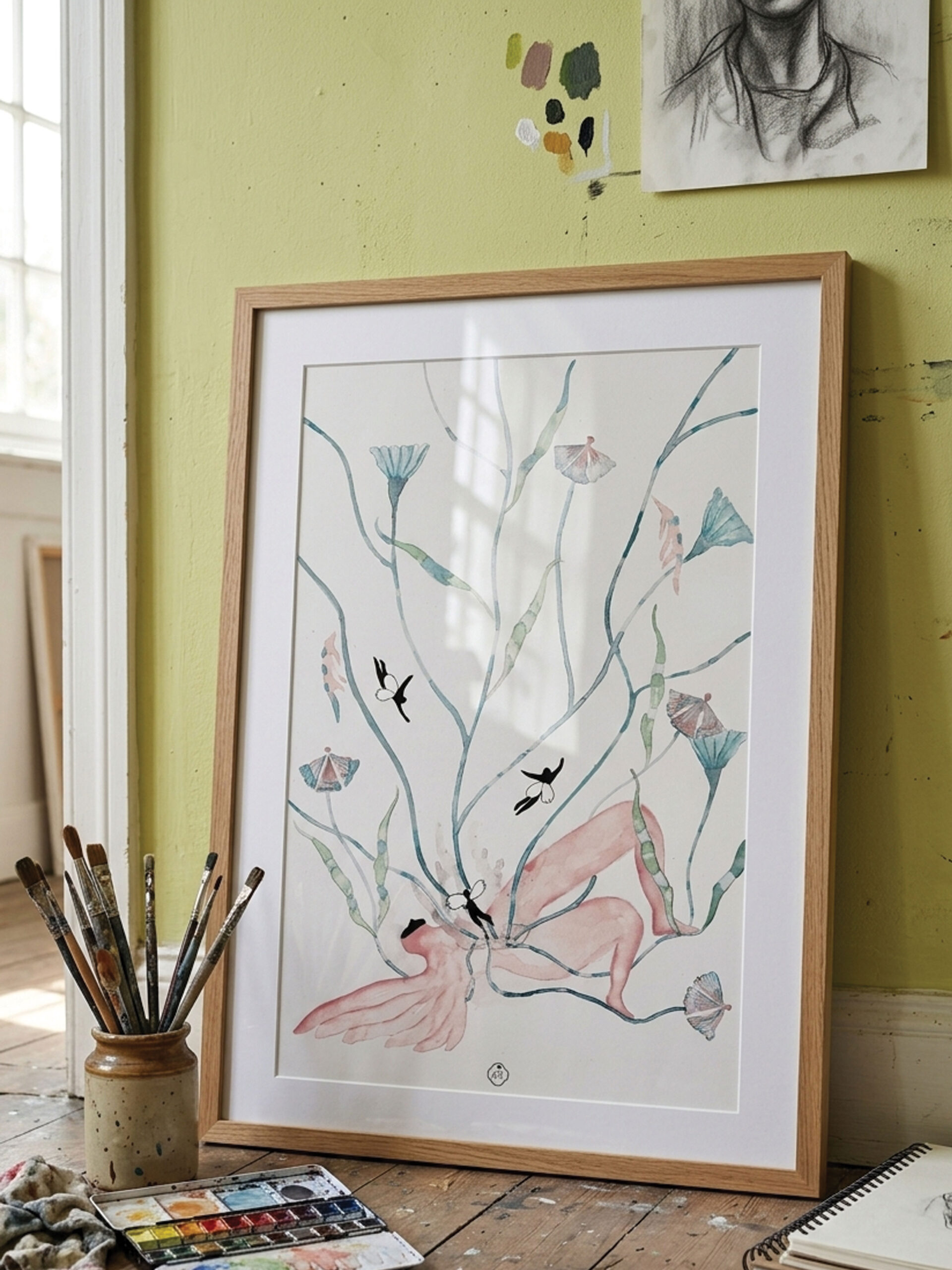 Illustration à l'aquarelle représentant une figure hybride entre l'humain et l'oiseau, entourée de petits personnages-papillons en plein envol dans une atmosphère éthérée.