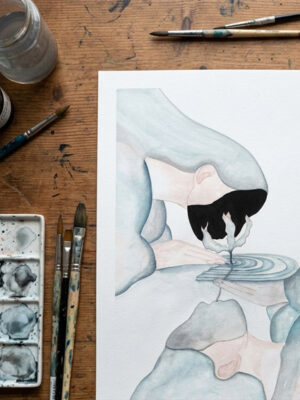 Illustration aquarelle de deux femmes en miroir échangeant une plante, visages noirs symbolisant le vide fertile, tons bleutés et gris, format A3.