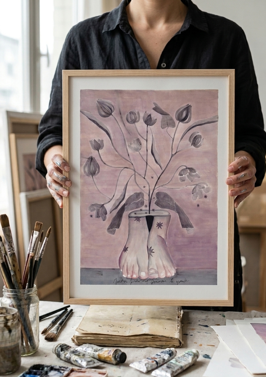 Illustration aquarelle Marcher pieds nus, découvrir le monde encadrée, tenue dans les mains