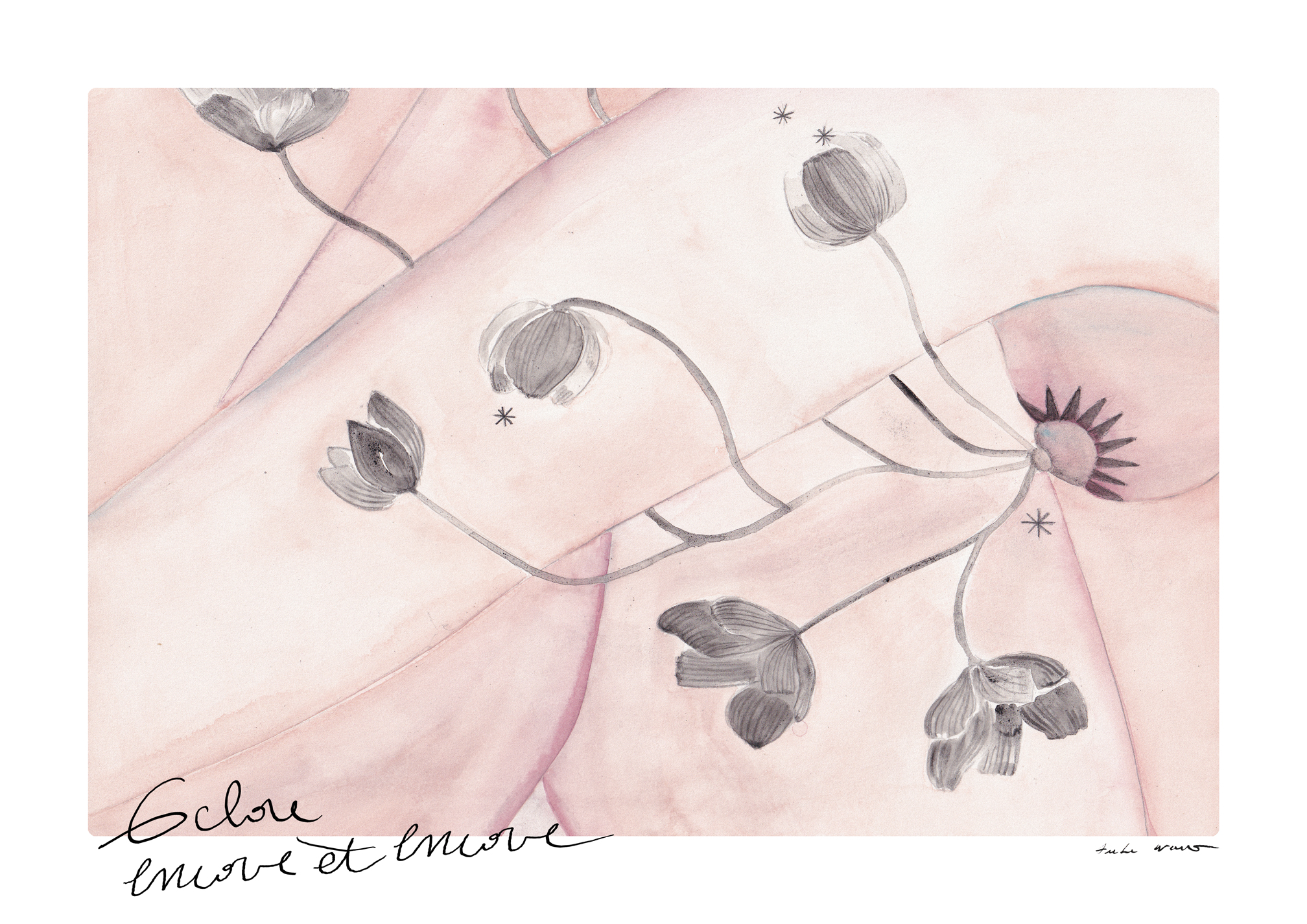 Détail du fond aquarelle rose et mauve texturé, illustration "Éclore encore et encore", tirage d'art édition limitée