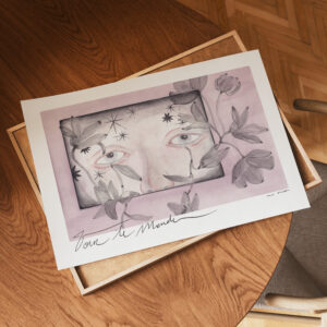 Illustration aquarelle "Voir le monde" , regard entouré de fleurs graphiques noires, collection Rêverie et Contemplations, atelier Ambre Watteau