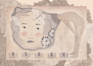 Carte postale illustrée Réminiscence d’Ambre Watteau : un visage aux joues roses entouré de papillons et de fleurs, un corps courbé, à l’encre et à l’aquarelle, avec une bordure à motifs.