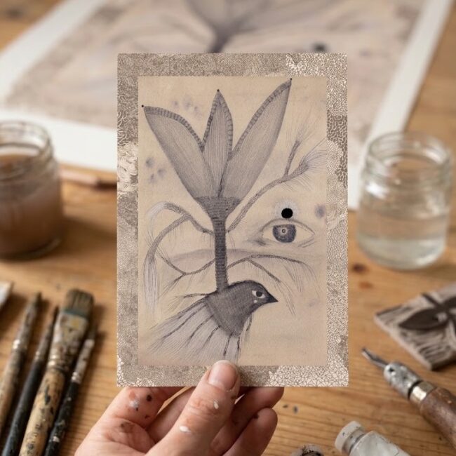 Carte postale L’oiseau et la fleur, une fleur pousse du dos d’un oiseau sous le regard d’un œil qui veille, illustration poudrée à l’encre, Ambre Watteau